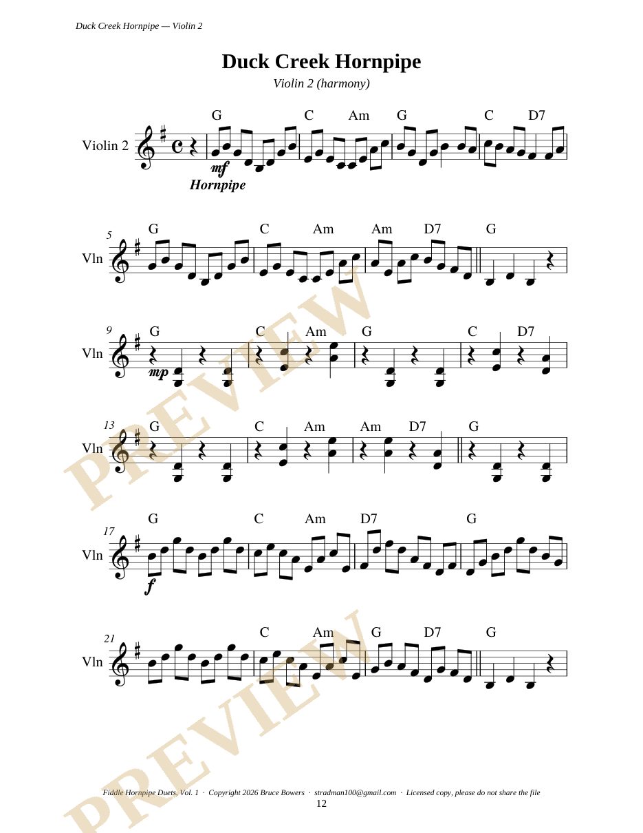 Duck Creek Hornpipe, Violin 2 part, first page